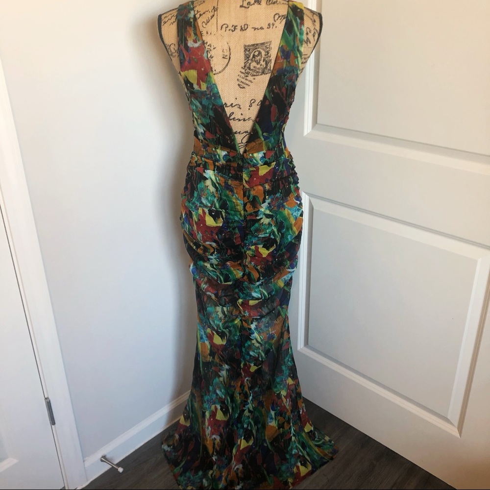NWOT✨Colorful Semi Sheer Cut Out Plunging Ruched Maxi Sundress - Picture 4 of 6